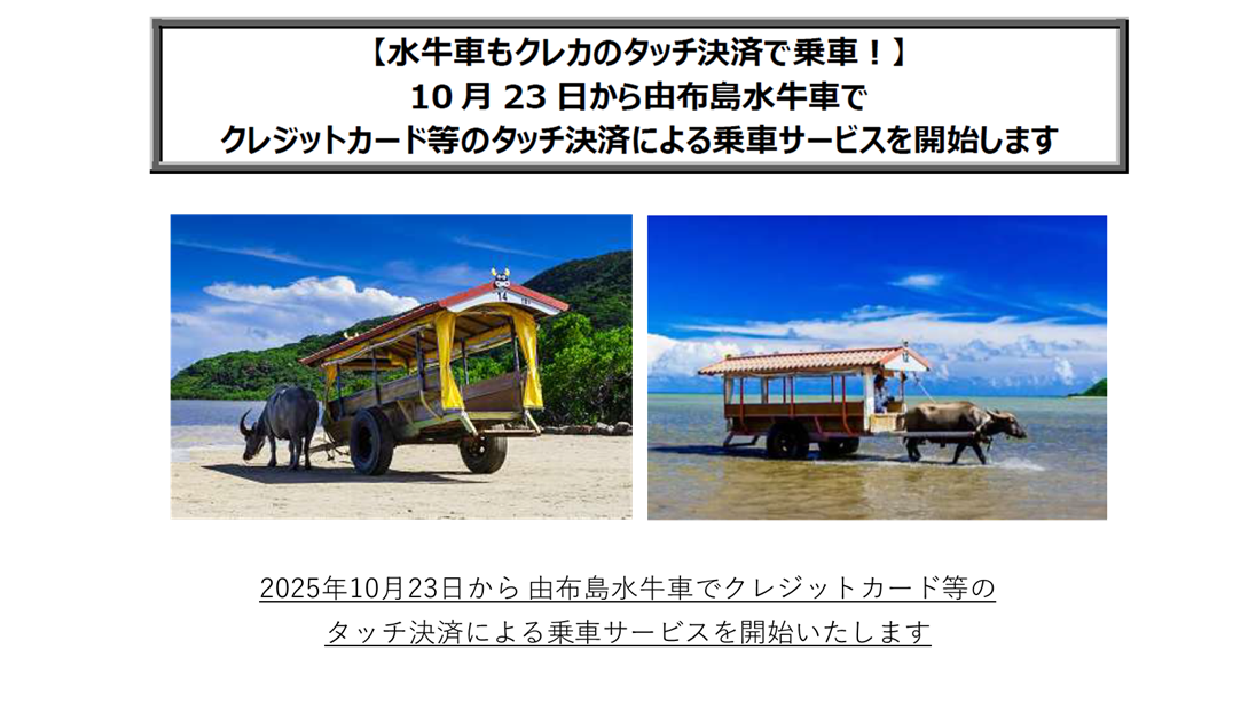【水牛車もクレカのタッチ決済で乗車!】 10 月 23 日から由布島水牛車で クレジットカード等のタッチ決済による乗車サービスを開始します