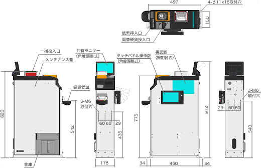 キャッシュレス決済型運賃箱 RX-FTS型　外形寸法図